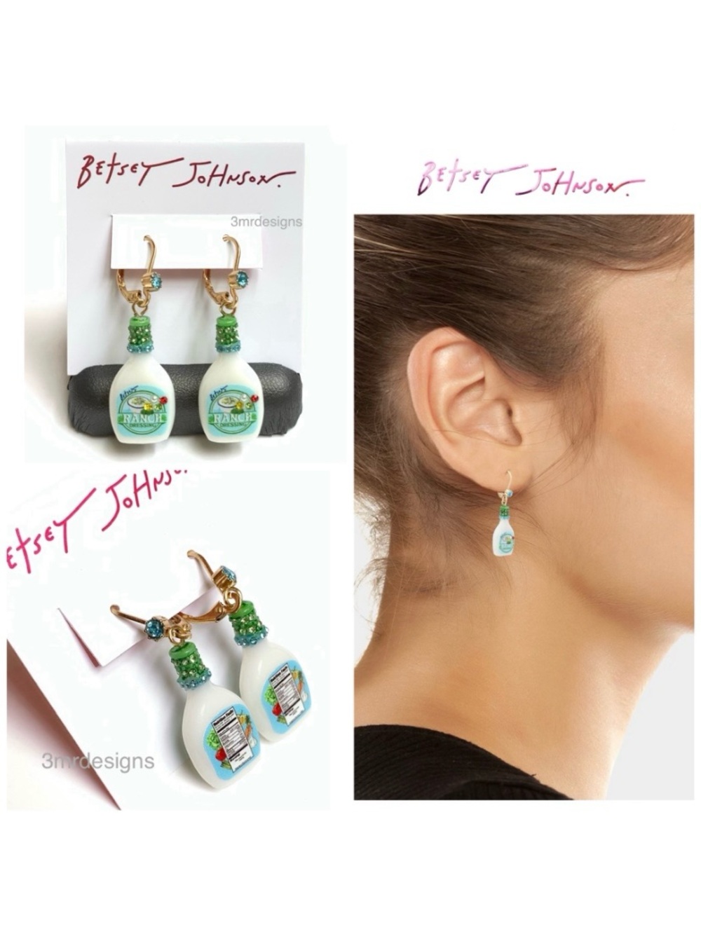 NWT Betsey Johnson💋RANCH DRESSING BOTTLE Gold Tone Glass Crystals Drop Earrings
